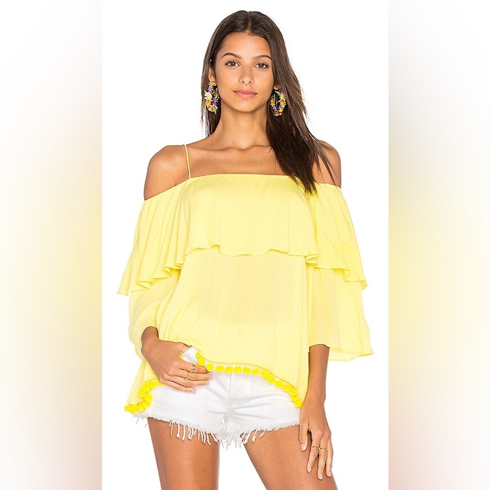 Alice + Olivia Pompom Ruffle Meagan Lemon Yellow off shoulder sleeve tank size M